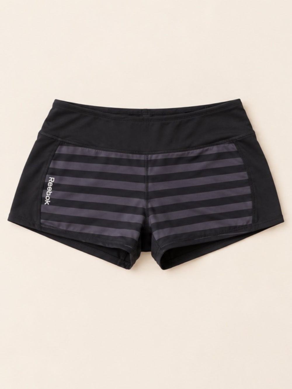 Reebok Black Gray Striped Fitted Athletic Workout Shorts Size S